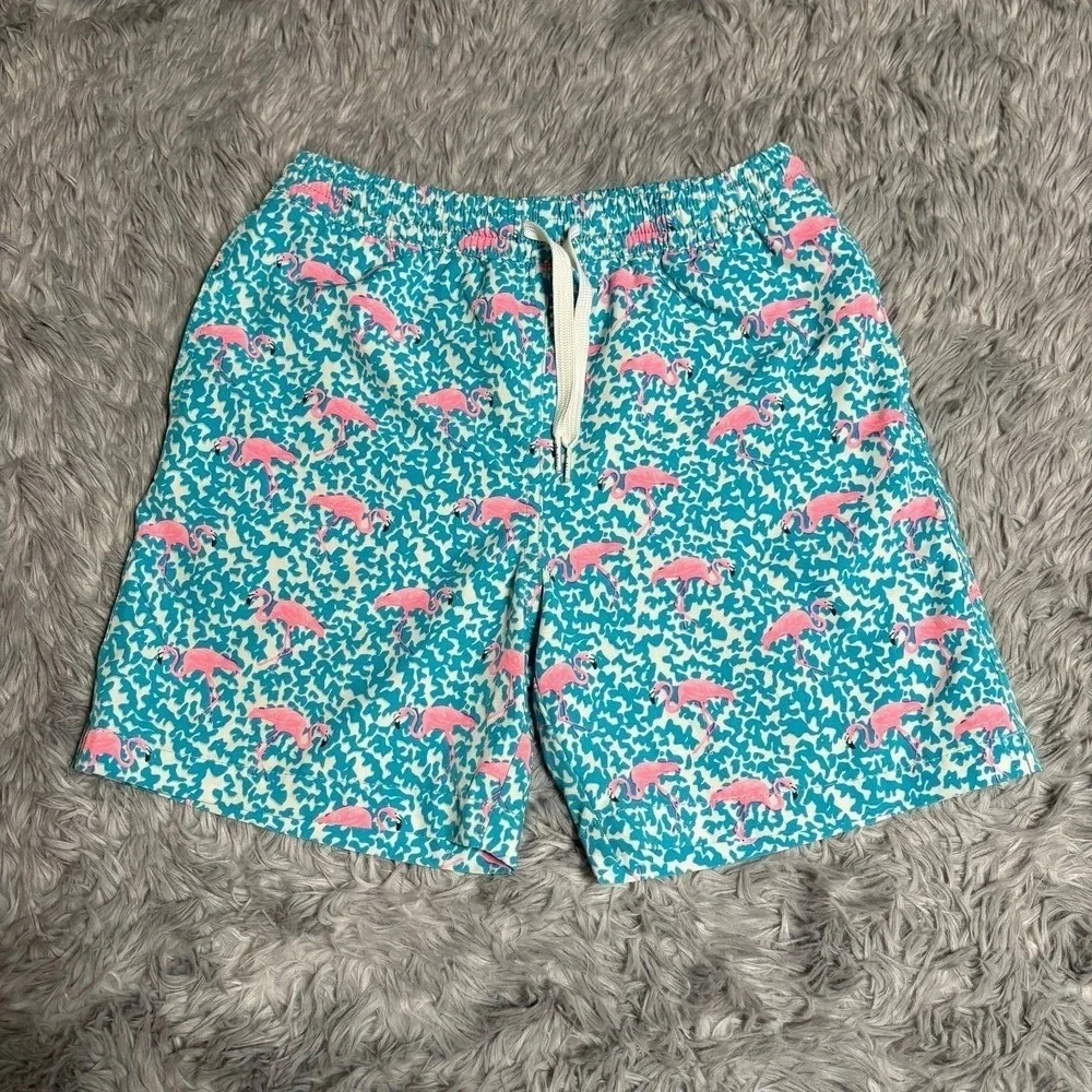Chubbies Swim Trunks Teal Pink Flamingos Boys Youth Small 8/9 Summer Bright